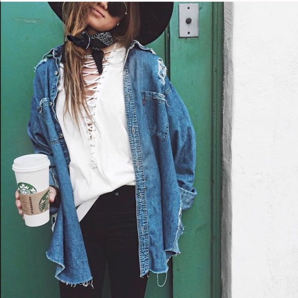 LF Tops - New! lF oversized destroyed denim shirt NWT